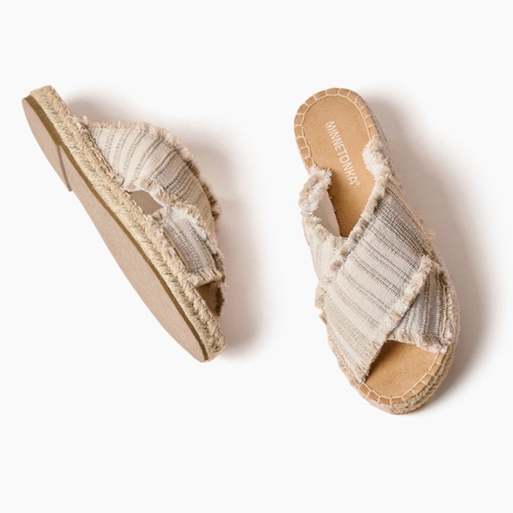 Minnetonka Cream Espadrille Slides with Ruffled Straps called Pepper.